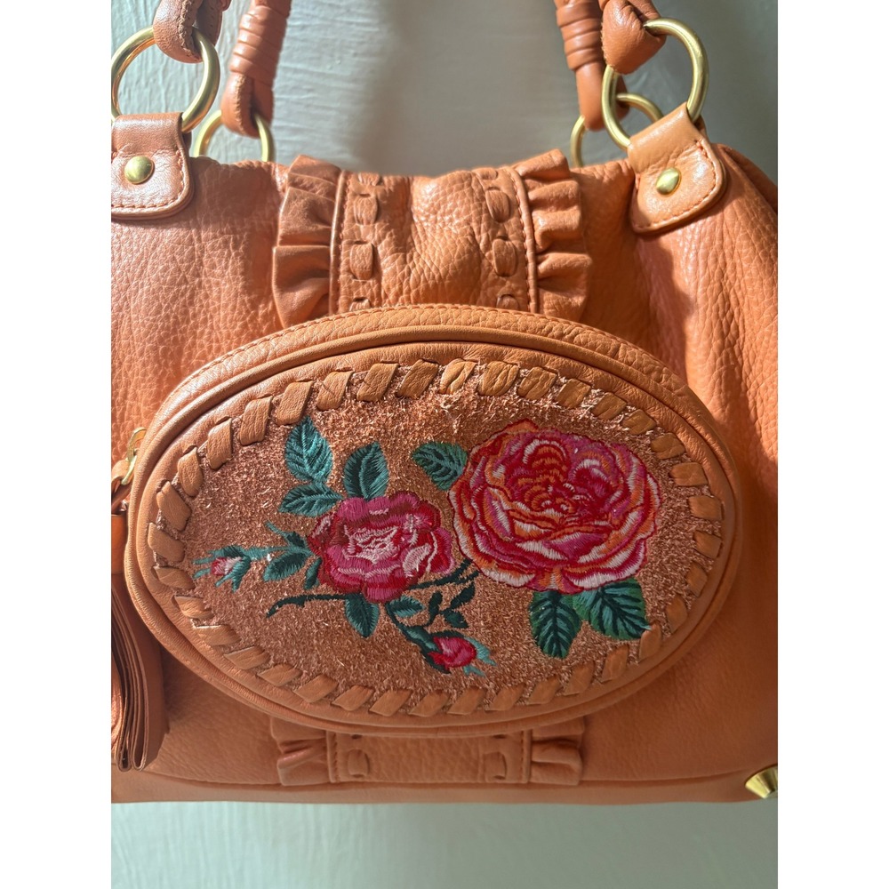 Isabella Fiore Orange Pebbled Leather Rose Embroidered Satchel Boho Tassel Bag